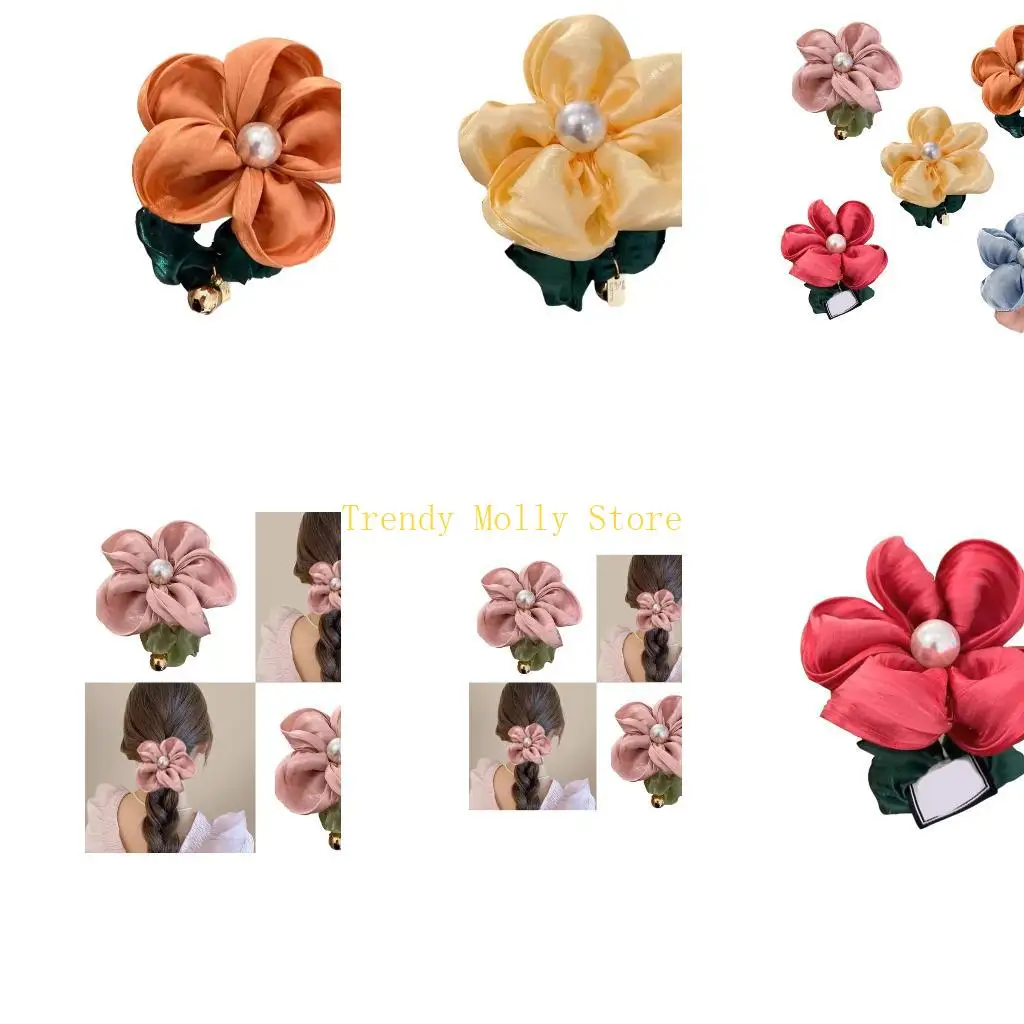 

N5KB Elegant Floral Pearls Hair Tie Flower Scrunchies for Women of Different Ages