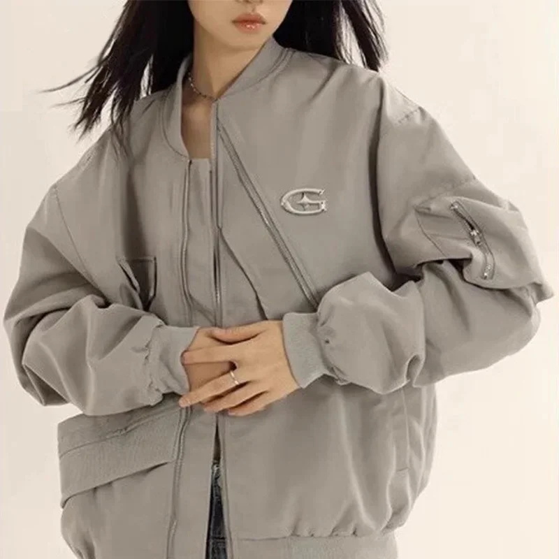 アメリカンメタルデトールコットンジャケット女性秋冬クルーネック長袖ジャケット女性ファッションジッパーアップコート女性