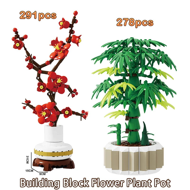 

Building Block Flower Plant Pot Simulation Bamboo Plum Bossom Model Ornaments MOC Technical Bricks for Girl DIY Decorate Gifts