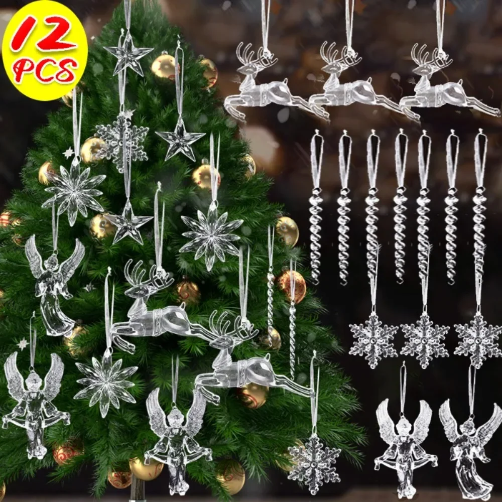 12/2PCS Christmas Acrylic Snowflake Ornament Crystal Clear Icicle Christmas Tree Pendants Holiday Winter Party Hanging Ornament