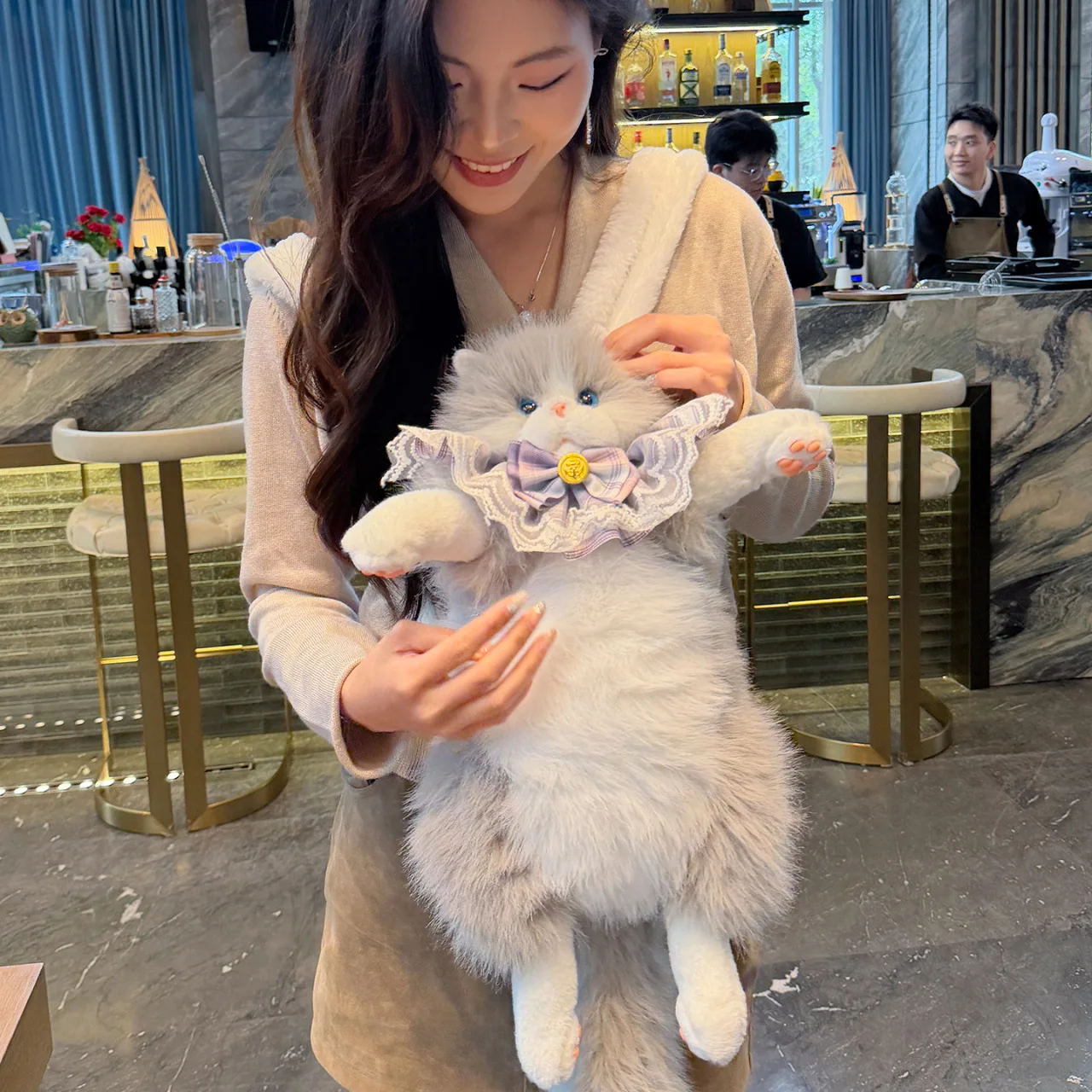 Cute Cat Shaped Backpacks Harajuku Ragdoll Shoulder Bags for Women Fluffy Plush Doll Backpacks for Girls Funny Purses Women Bag view 2