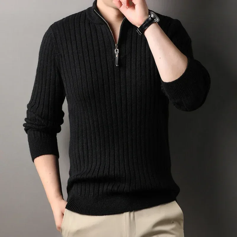 Men's Quarter Zipper Sweater for Autumn and Winter, Slim Fit and Casual Knit Stand Up Collar and Lapel Knit Sweater