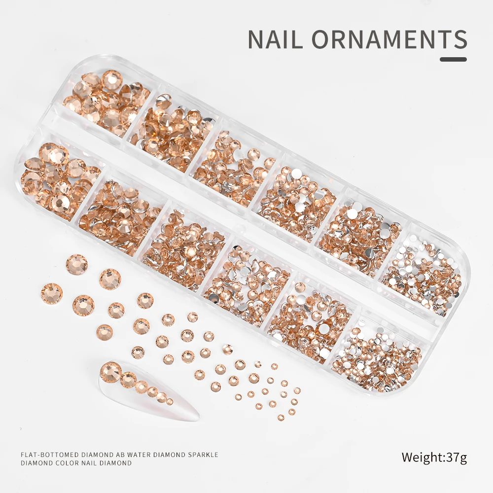 12grids Shimmering Champagne Nail Rhinestones SS6-SS30 Mixed Luxury Flatback Diamond Gems Bling Gemstones Strass Nail Art Charms
