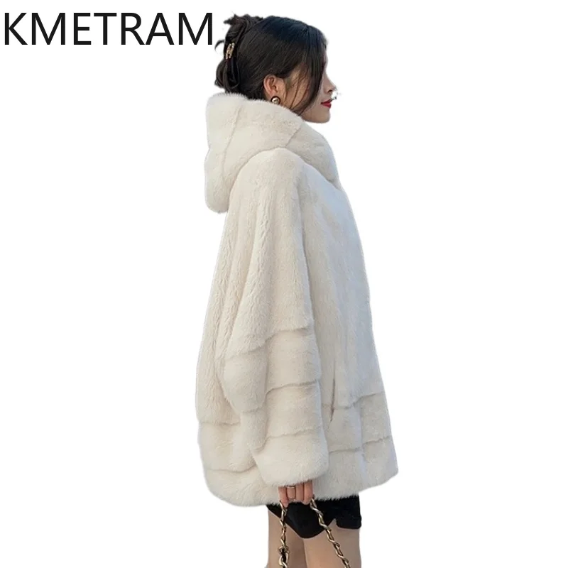 KMETRAM 100% Mink Fur Jacket Woman Luxury Batwing Sleeve Real Fur Coat with Hood 2025 Winter Coats Women Clothing шуба женская