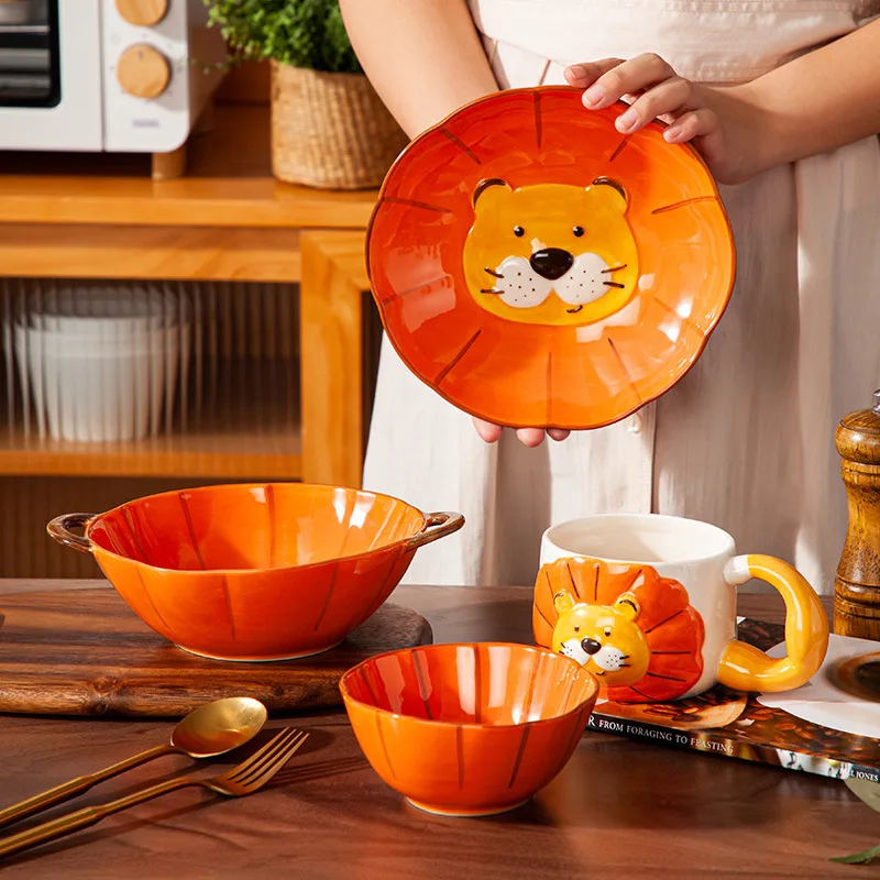 Cute Little Lion Children Tableware Cartoon Animal Ceramic Household Utensil Set for Kitchen Dishes and Plate Sets Kitchen Items