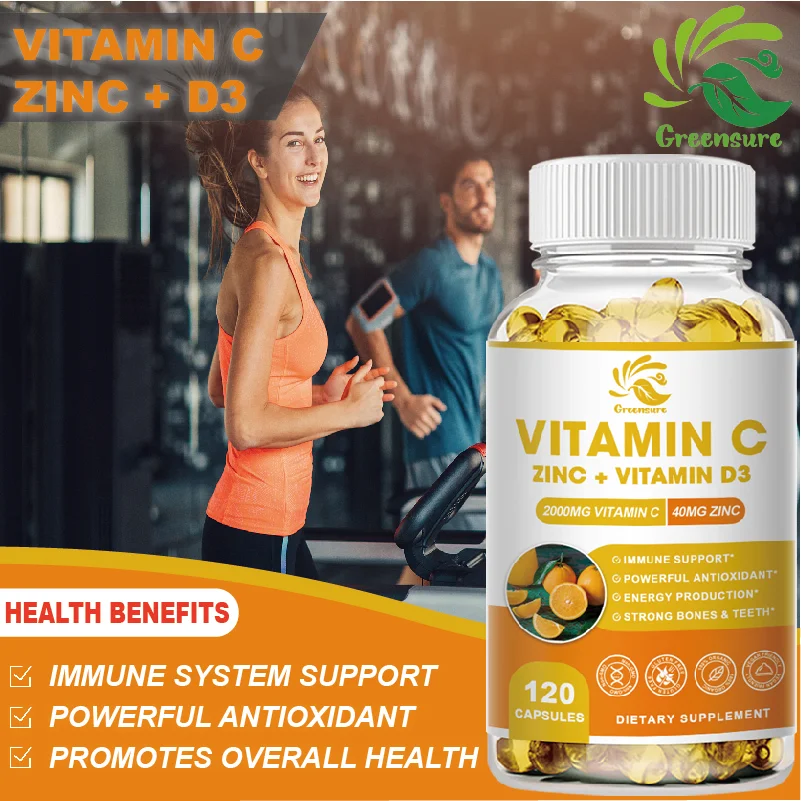 

Greensure 60/120 Pcs Organic Vitamin C + Zinc & Vitamin D3 Capsules Immune Support for Adults & Kids - Immune Booster