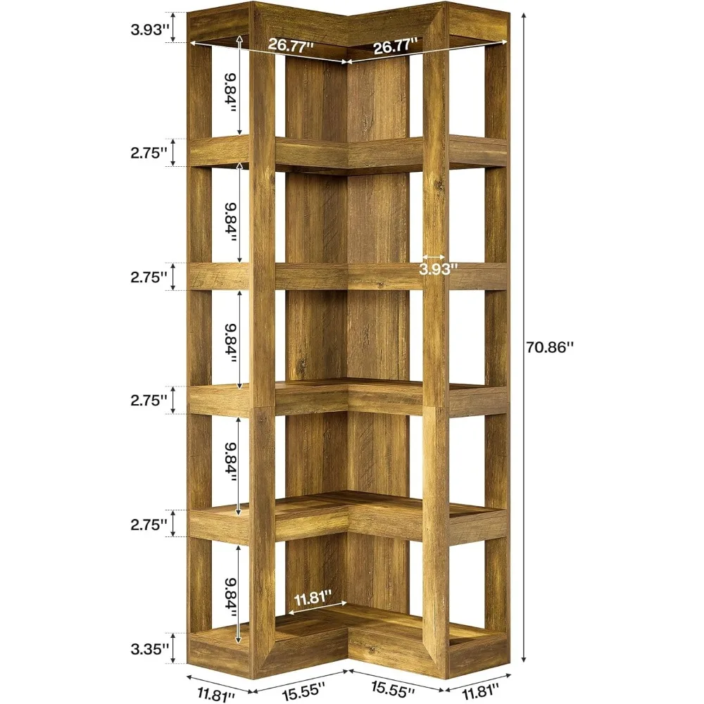 Estantería esquinera grande de 6 niveles, estantería alta de madera en forma de L con almacenamiento para sala de estar y dormitorio
