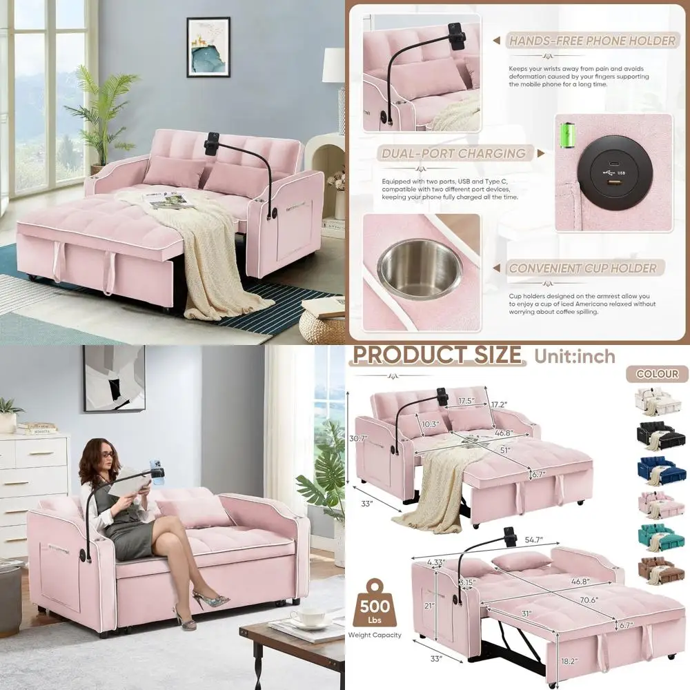 Convertible Velvet Futon Sofa Bed with USB & Type C Ports, Modern 3-in-1 Loveseat Couch Bed for Comfortable Living with Phone Ho