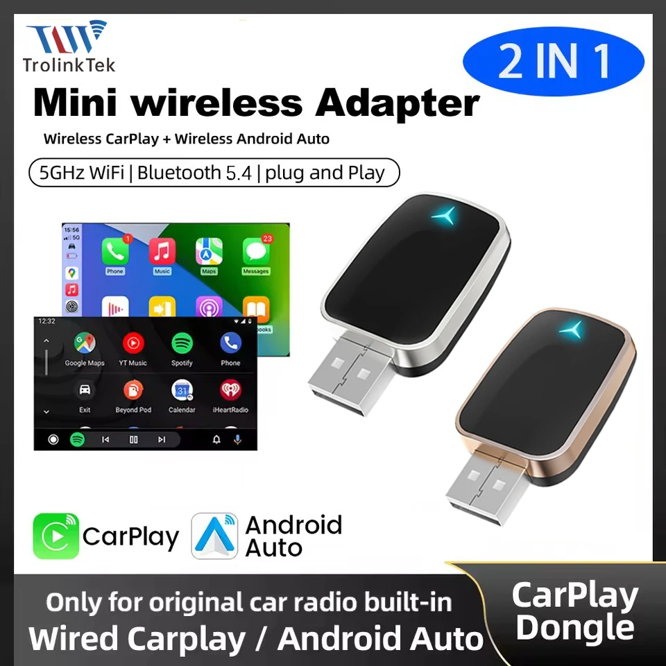 

Адаптер 2-в-1 с проводным к беспроводному CarPlay и беспроводной адаптер Android Auto Plug & Play для проводных CarPlay/автомобилей
