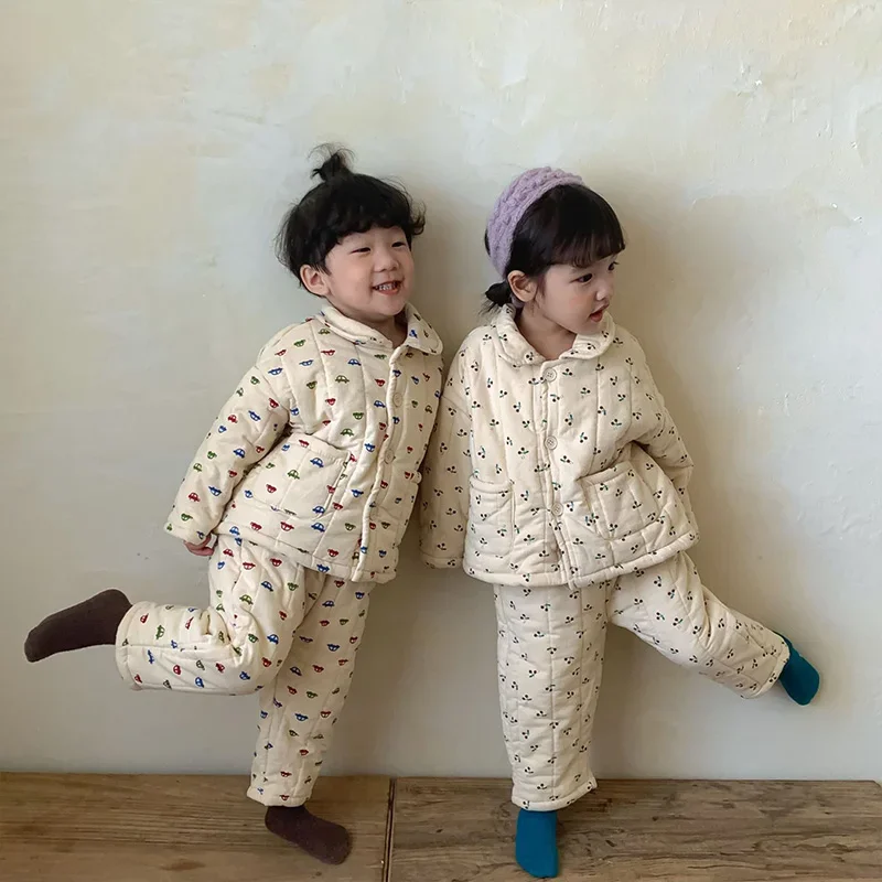 18M-8Y Children Sleepwear Winter Thickened Girls Cotton Baby Plush Boys Home Clothes Sets