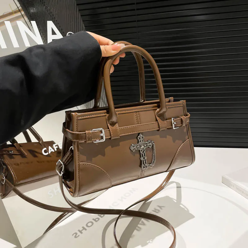 

Y2K Gothic Cross Girl PU Crossbody Bag Women Vintage Zipper Handbag Fashion Shoulder Bag Large Capacity Punk Style Tote Bags