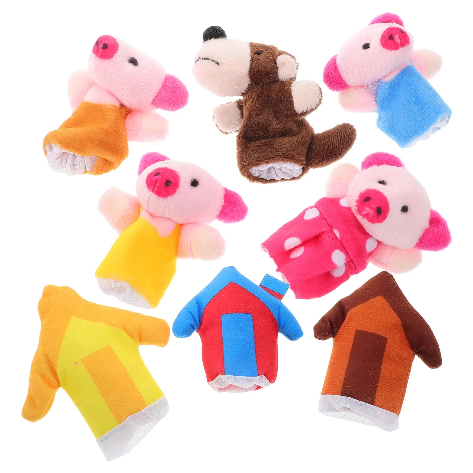 

Набор из 8 интерактивных пальчиковых кукол: 3 тематики (Мумия, Свинья, Волк), Соломенный домик, Деревянный домик. Развивает воображение у малышей.