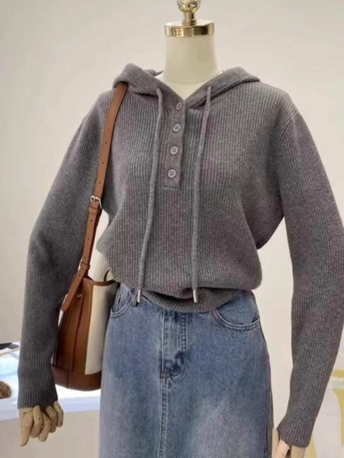 فضفاض محبوك قاعدة irt المرأة الخريف Sle بسيط f زرر مقنعين سترة الرباط تخفيف فضفاضة تناسب طويلة Sve #3