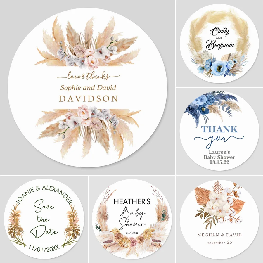 

Boho Pampas Grass Wedding Sticker, Customize Wedding Labels, Personalized, Birthday Sealing, Classic Round Sticker Decor