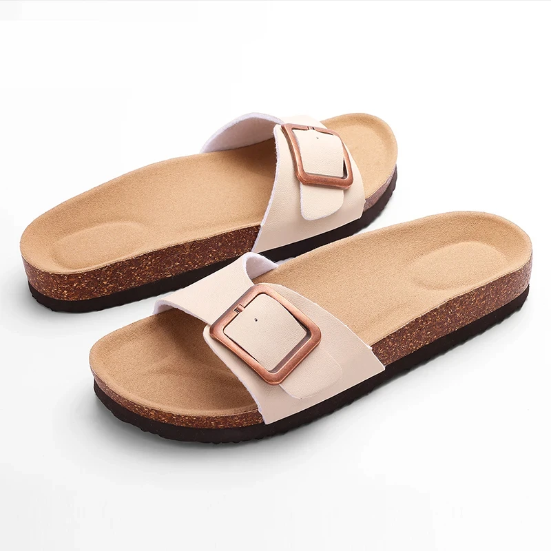 Sandalias De Cuero Para Mujer Con Plantilla De Corcho Y Soporte De Arco, Hebilla Ajustable, Ideales Para Playa En Verano._voghion.com