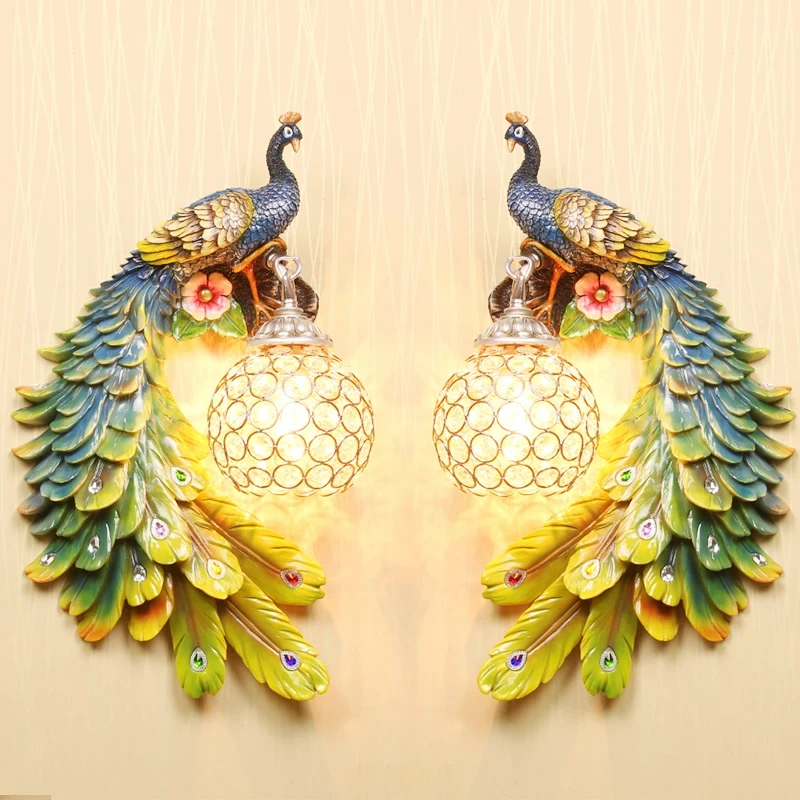 Nueva lámpara de pared de pavo real Retro de doble Color, lámparas de pared creativas doradas y blancas, luz LED de pared de Metal de cristal, decoración de pared del pasillo KS63