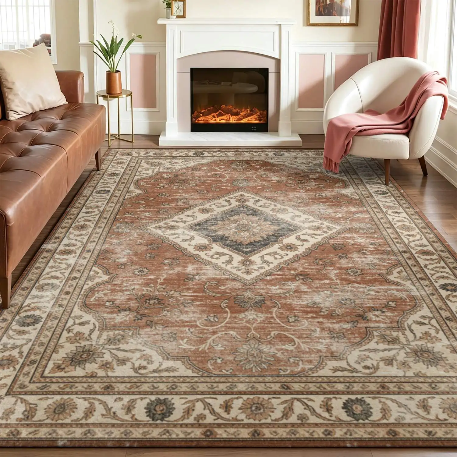 1Pc 2D Printed Carpet: Warm Brown Retro Scroll Pattern, European Style, Machine Washable, Multi-Size, for Entrance/Dining/Bedroom/Living Room & More Home Decor