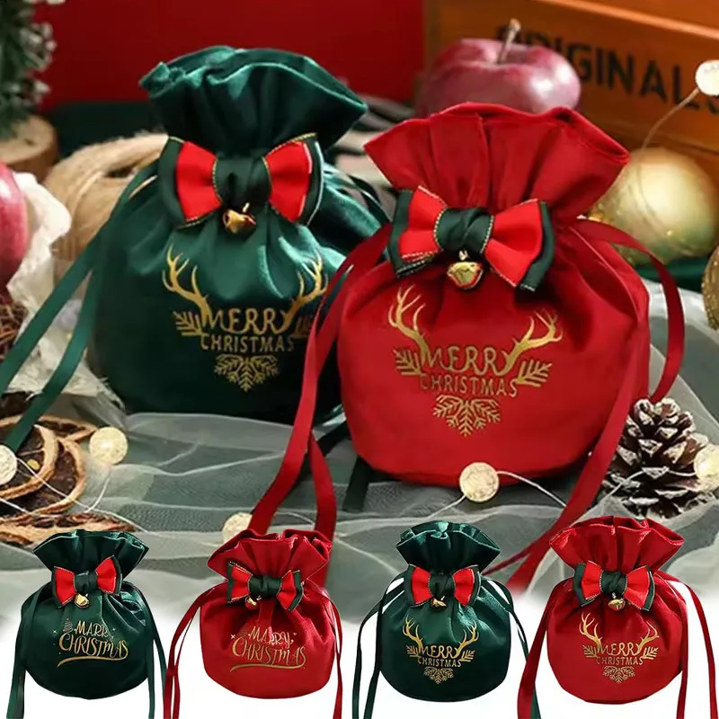 

12x15cm Christmas Bags Gift Candy Drawstring Pouches with Bow Xmas Party Supplies Gifts New Year Packaging 2025 Bolsas Navidad