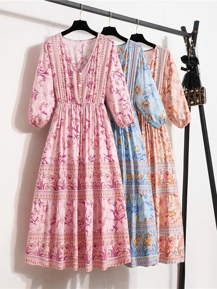 Spring summer Floral Print Bohemian Dress Women V-Neck High Waist Street Causal Beach Dresses  Elegant Women's Dress Robe