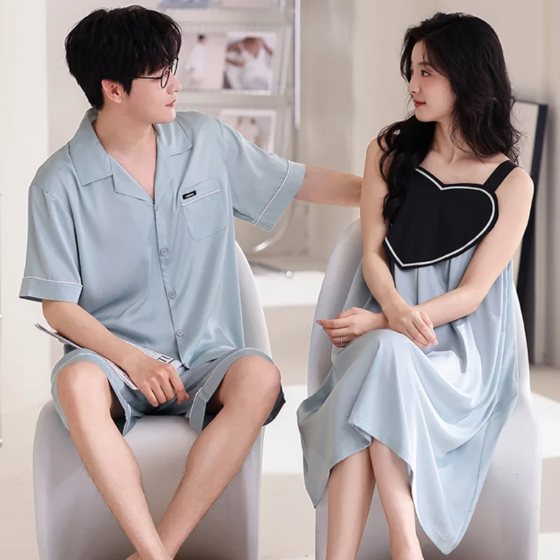 Couple Pajamas Women Summer Nightdress Men's Cardigan Short sleeve Pijamas Suit Young Boy Girl Homewear 2024 Ice Silk Loungewear