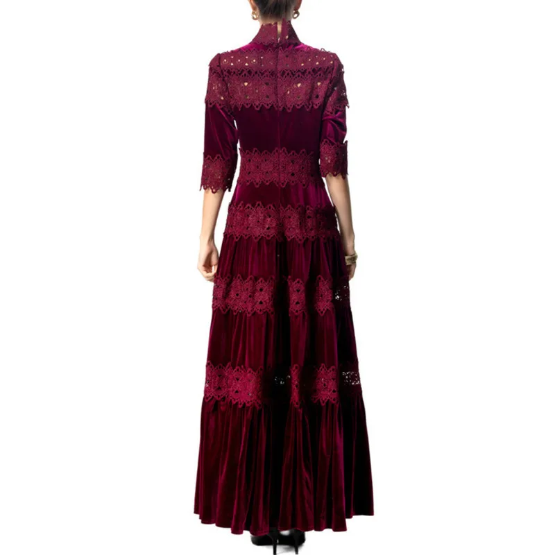 QMQA Fashion Women's Elegant Velvet Dresses Stand Collar Mid Sleeve Water Soluble Hook Flower Hollow Dress Autumn Clothing 1A231