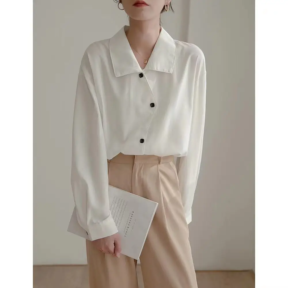 Spring Summer Simplicity Buttons White Shirts Ladies Fashion Irregular Turn-down Collar Long Sleeve Blouse Women\'s Clothing Tops