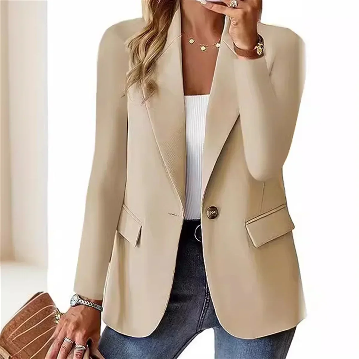 2025 Primavera Autunno Donna Solid Casual Slim Blazer Elegante Chic Office Lady Abiti basic Giacca Manica lunga Colletto dentellato Blazer