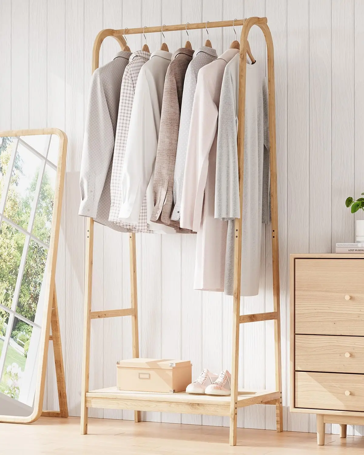 

Clothing Rack with Storage Shelf, Bamboo Freestanding Garment Rack for Bedroom, Balcony, Clothes Store, Clothing Storage