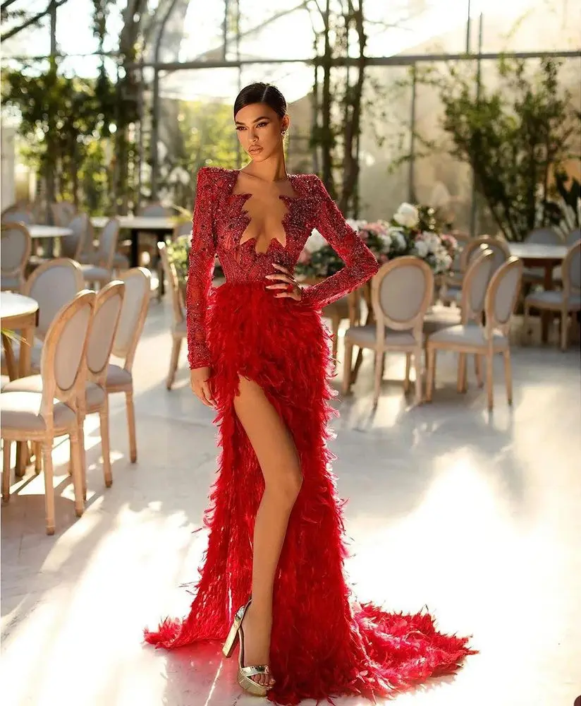 

Sexy Red Feathers Evening Dress Sheer Neck Lace Sequined Beads Side Split Party Dresses Custom Made Prom Gowns