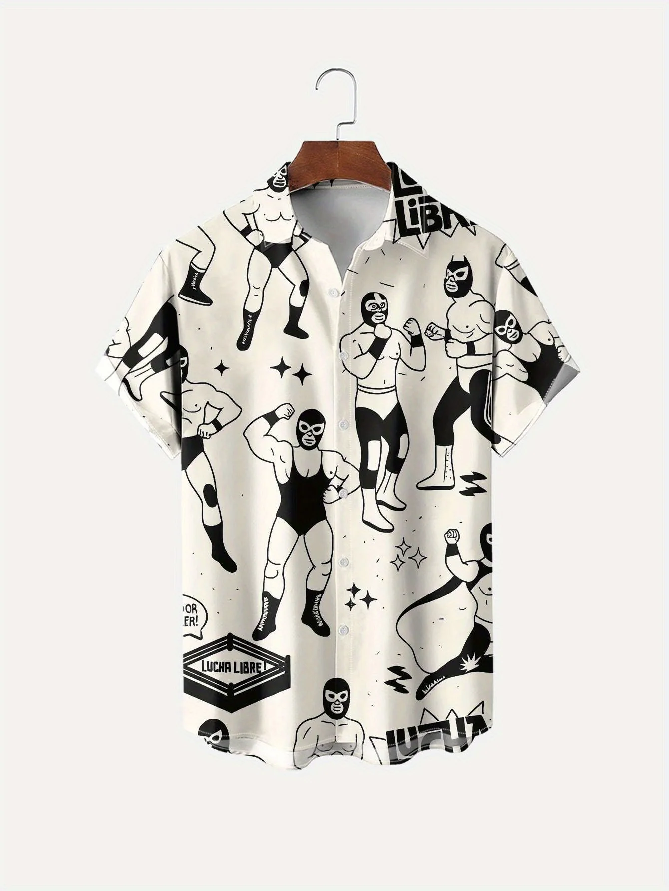 Men Short Sleeve Shirt Lucha Libre Wrestler Mask Print Turn‑Down Collar Button‑Up Beach Summer Top