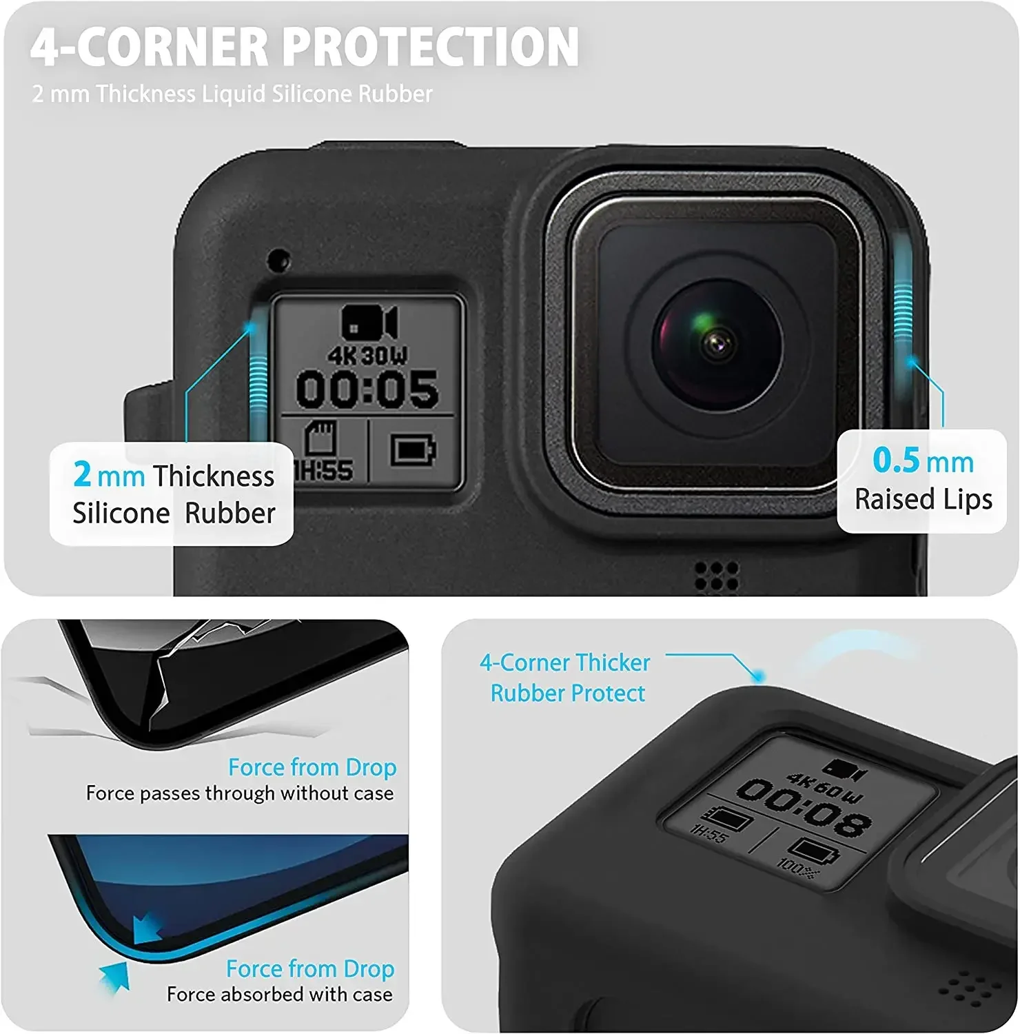 ZUIDID Silicone Case for GoPro Hero 8 Black Tempered Glass Screen Protector Protective Film Lens Cap Cover for Go Pro 8 case