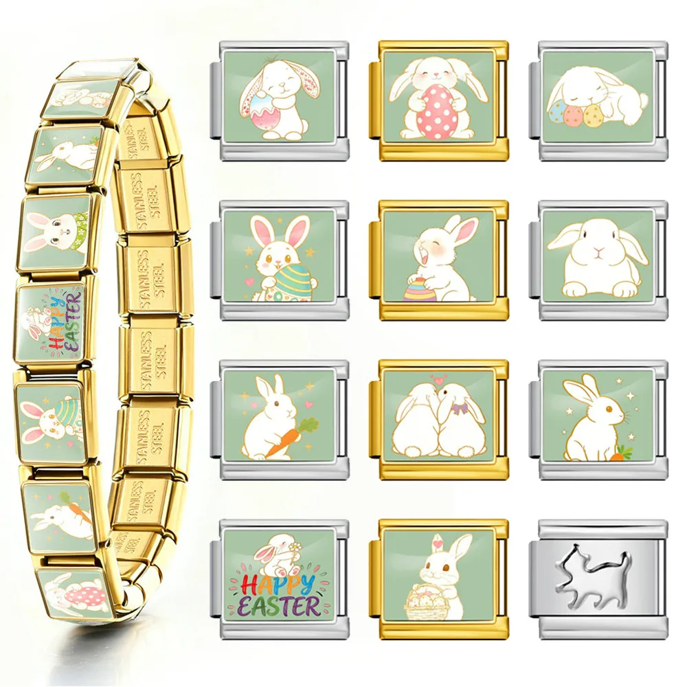 Niedliches Kawaii Weißes Kaninchen Italienisches Gliederarmband passend für 9mm Edelstahl-Anhänger Oster-Feiertagsschmuck Original-Design Armband DIY – Detail 3