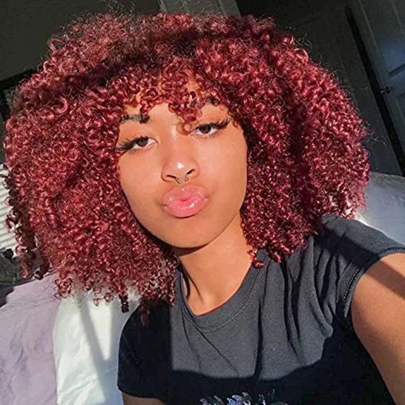 Pelucas sintéticas Afro rizadas cortas con flequillo para mujeres negras, peluca de cabello rizado completo