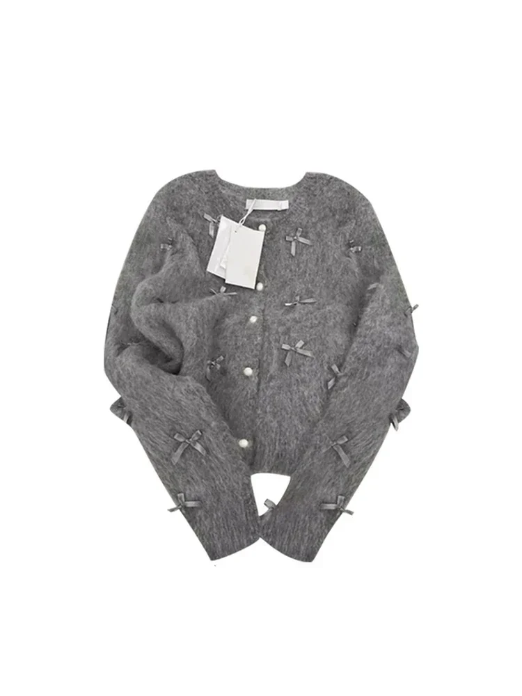 French Kawaii Bow Knitted Cardigan Women Harajuku Hip Hop Oversized Jumper O-Neck Long Sleeve Grey Sweater Korean Y2K Streetwear