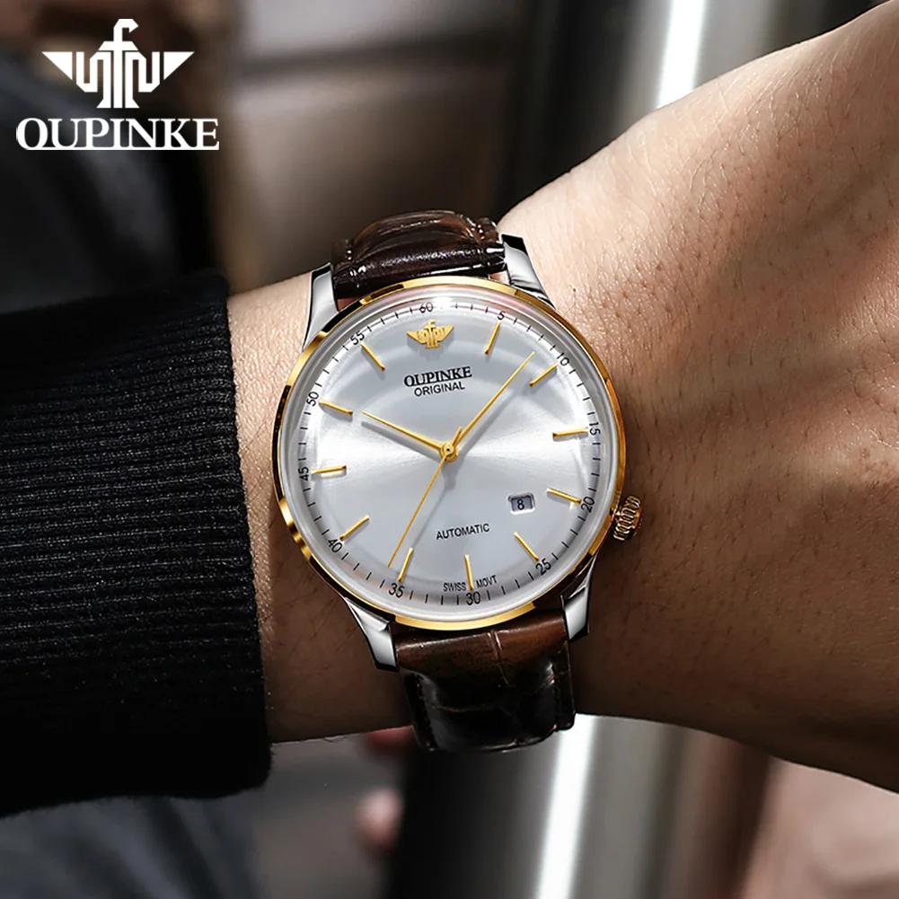 OUPINKE 3269 Luxury Swiss Movement Men Mechanical Watch Leather Strap Top Brand Ultra Thin Waterproof Sapphire Mirror Men Watch