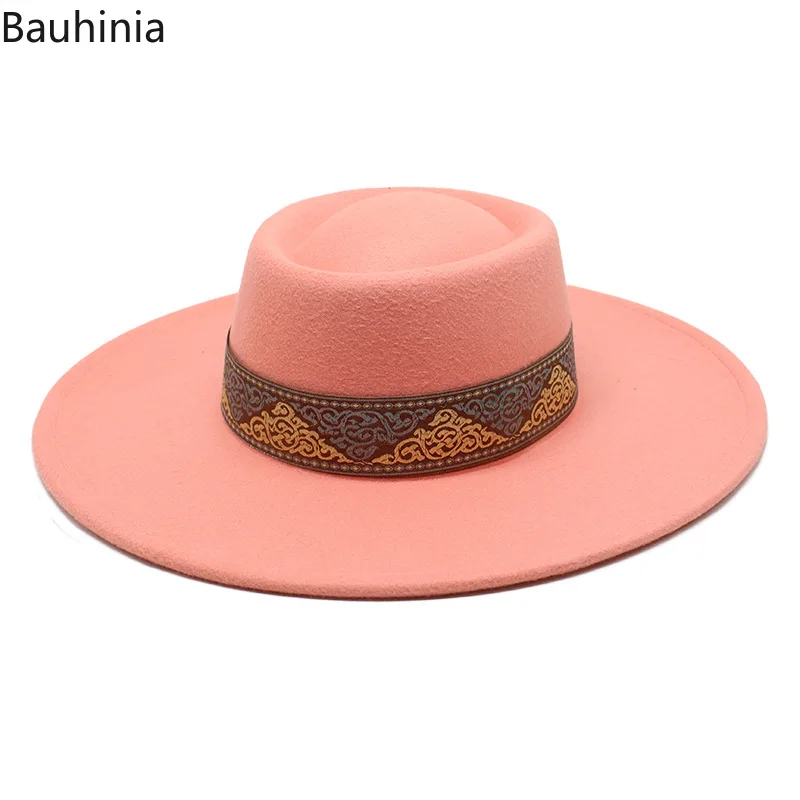 Bauhinia Hats for Women 9.5cm Big Brim Fashion Winter Fedoras Hats Men Gentlemen Panama Jazz Caps Sombreros De Mujer