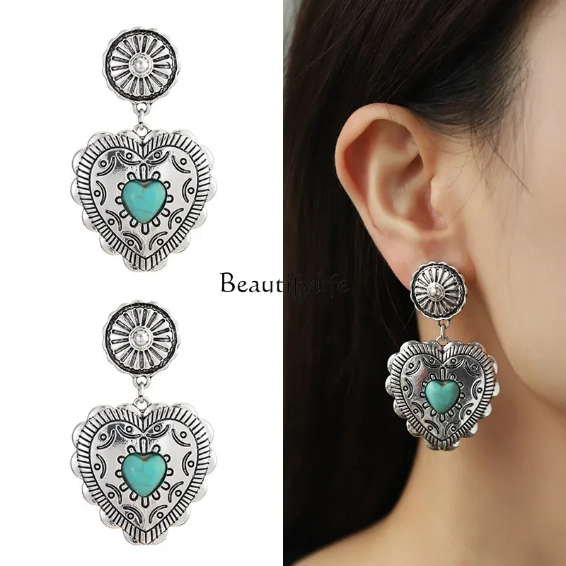 New Valentine's Day series love peach semi-precious stone retro earrings women's European and American fashion earrings