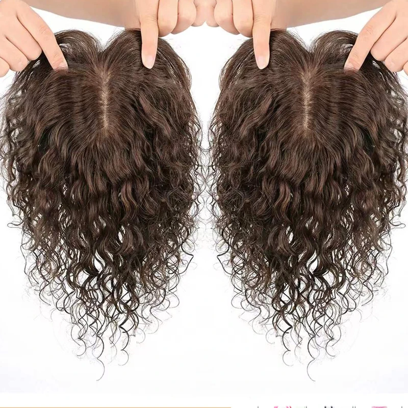 Clipe Marrom Longo Top De Seda Para Mulheres, Ondulado Europeu, Topper De Cabelo Humano Virgem, Pedaço De Cabelo Respirável, Base De Cabelo Afinando