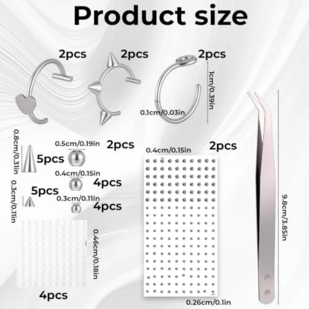 Fake Piercing Set Non‑Pierced Lip Eyebrow Jewelry Lip Ring with Spikes Replacement Balls Adhesive Stickers Tweezers Body Decor