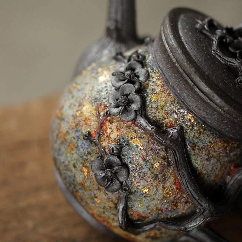 Handmade plum blossom teapot firewood burnt rock mine single pot kung fu tea set household ball hole teapot Japanese style