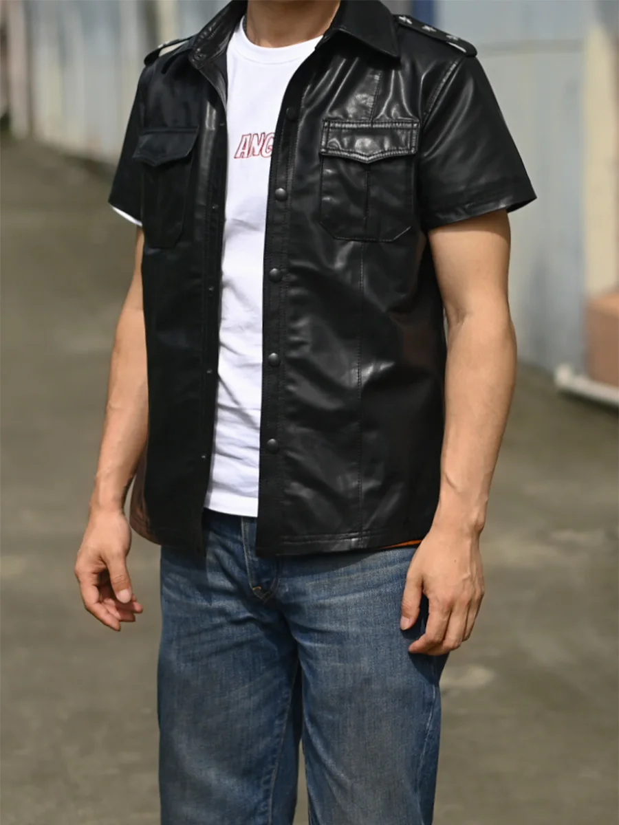 Trendy Men's Clothing Retro First Layer Sheepskin Short-Sleeved Leather Shirt Lightweight Summer Genuine Leather Jacket Coat