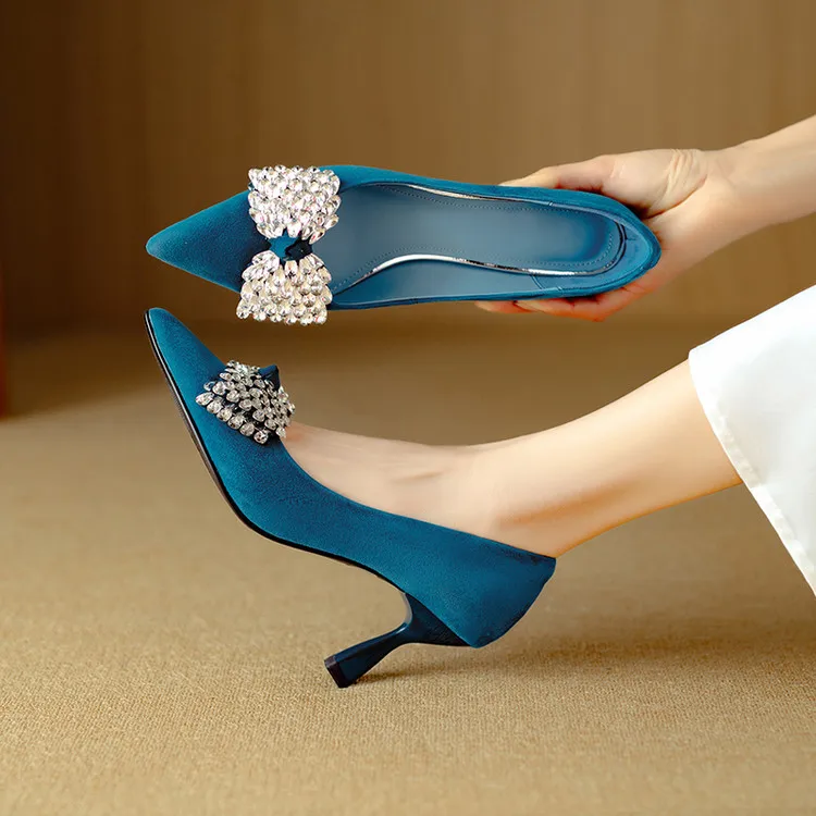 

Luxury Blue Suede Women Shallow Pumps Shine Rhinestone Bowknot Pink Prom Party Shoes 7cm Thin High Heels Black Work Sapato Mujer