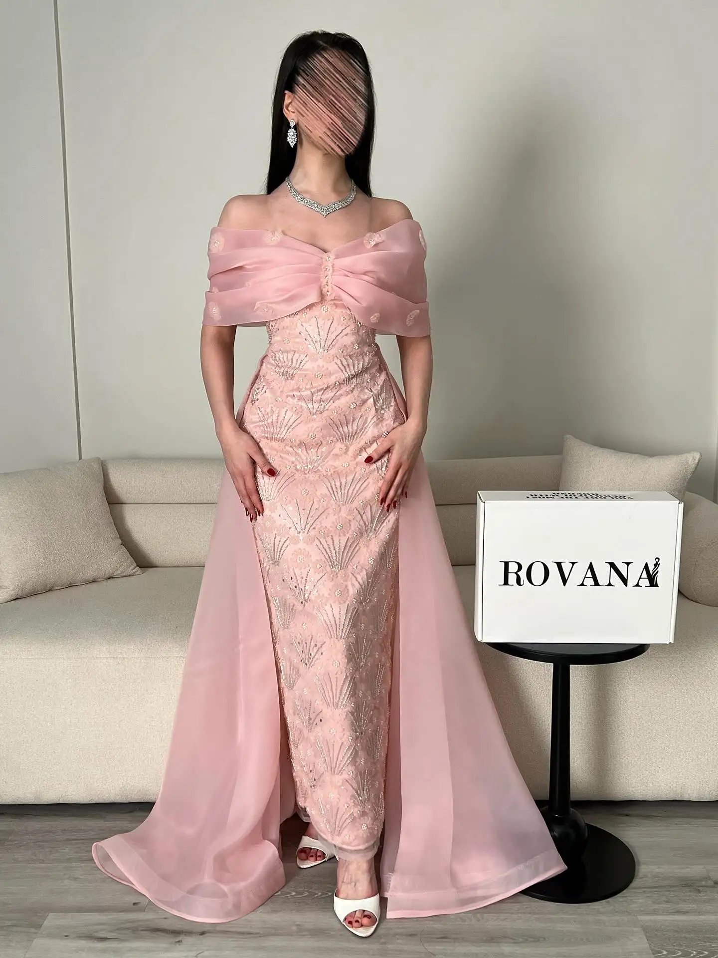 

Customized Pink Off Shoulder Evening Dress Prom Gown Beaded Mermaid Maxi Formal Party Dress With Organza Overlay