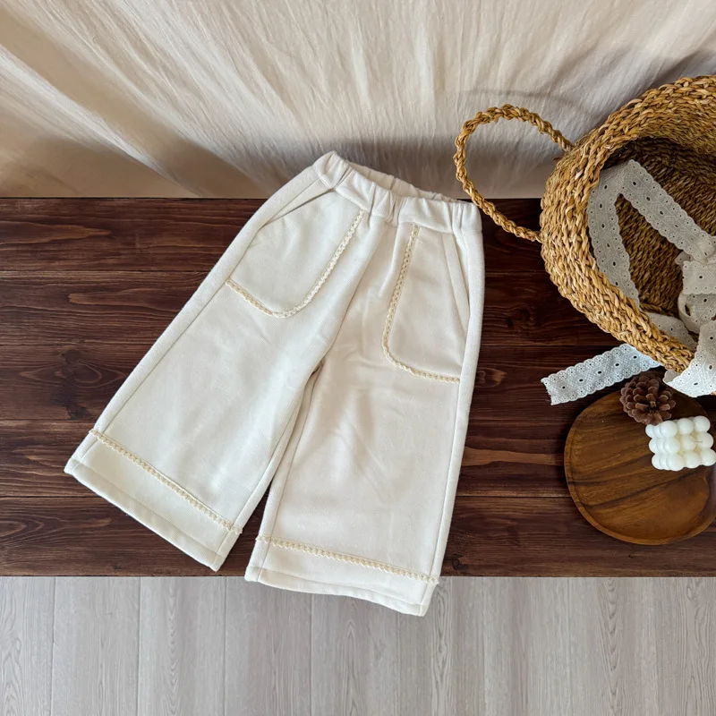 

2025 Winter New Girls Fleece Lace Trousers Solid Children Casual Pants Plus Velvet Thick Baby Girl Wide Leg Pants Kids Clothes