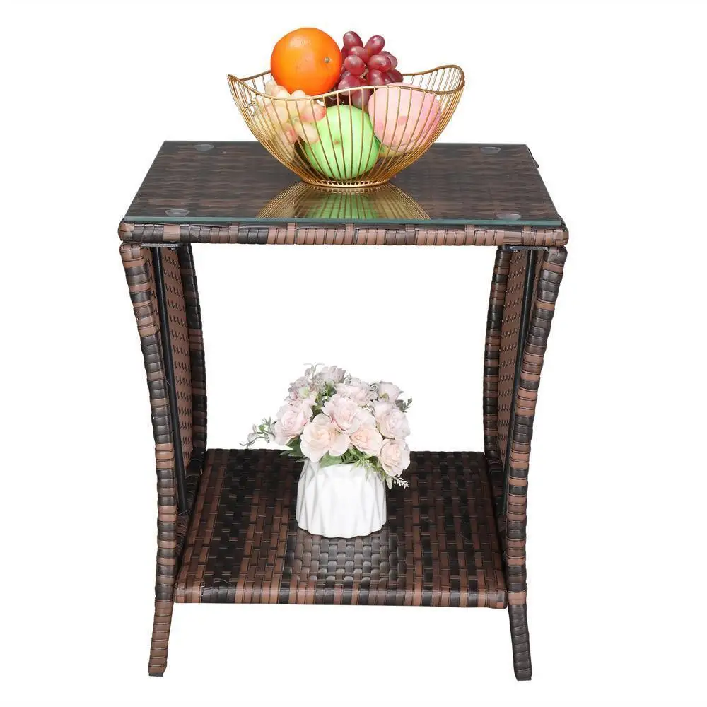 

Wicker Rattan Square Side End Coffee Table Patio w/Glass Top Garden Furniture