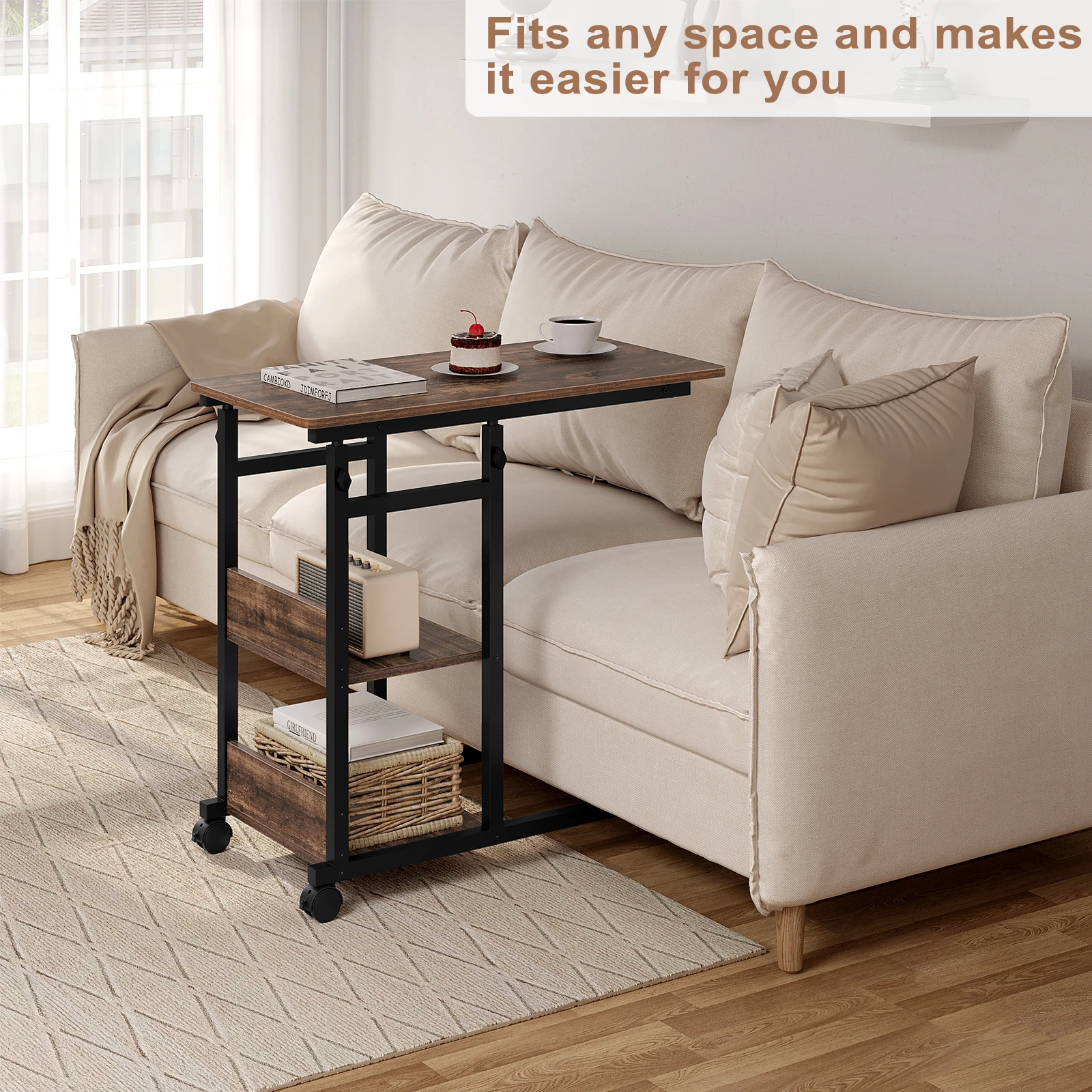 WOLTU Couchtisch, Beistelltisch, Bett-Sofa-Laptoptisch, C-förmig, höhenverstellbar, mit Rollen, Beistelltisch für Wohnzimmer, Schlafzimmer – Detail 9
