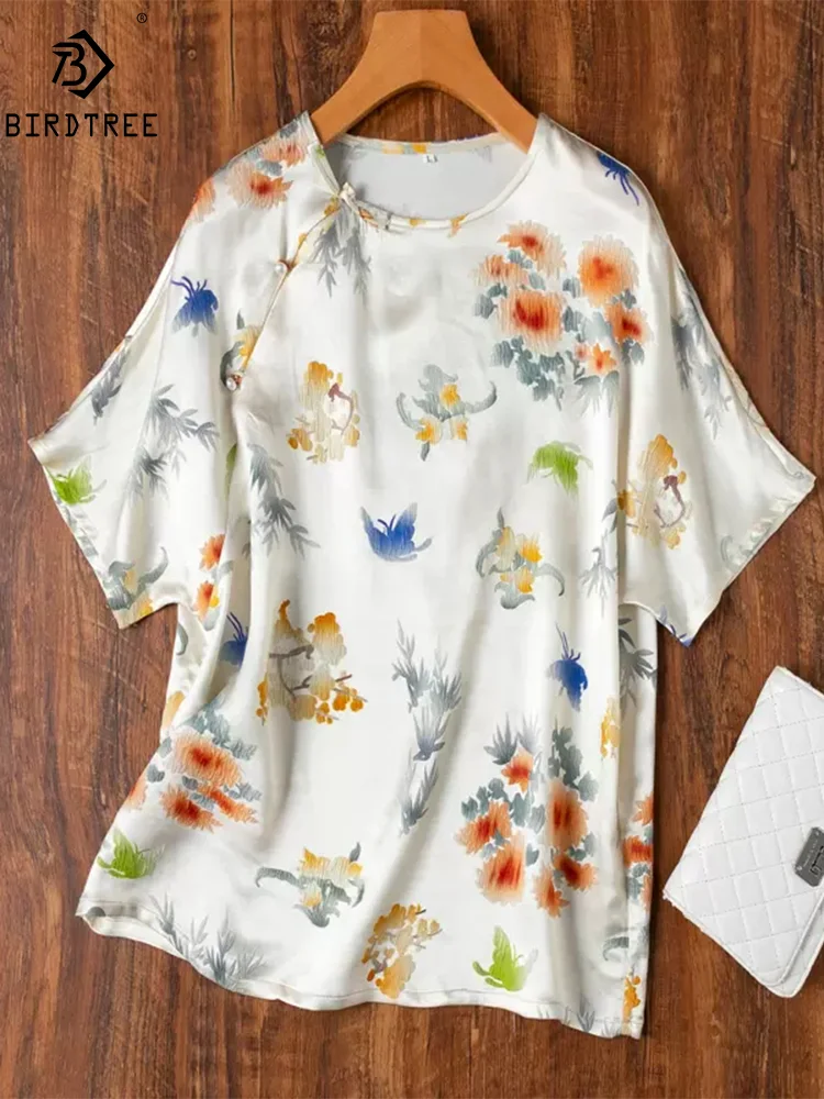 BirdTree 28MM 42%Natural Silk Short Sleeve T Shirt, Women O Neck Flower Jacquard, Retro Elegant OL Top, 2024 Summer New T46148QM