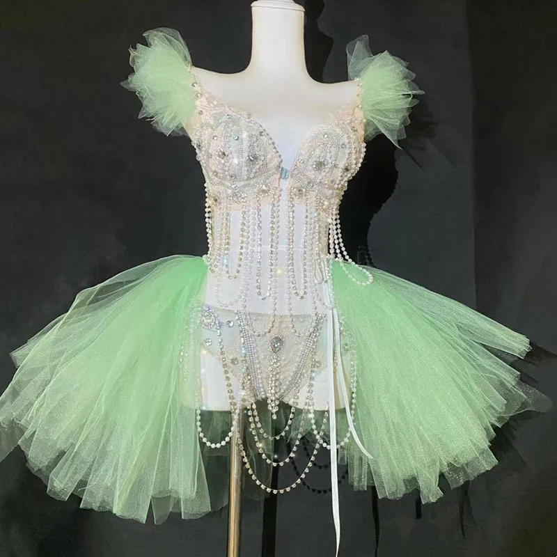 

Nightclub Bar Sexy Stage DJ Pole Dancing Costume Sparkly Rhinestones Pearl Tassel Bikini Mesh Tutu Mini Skirt Performance Outfit