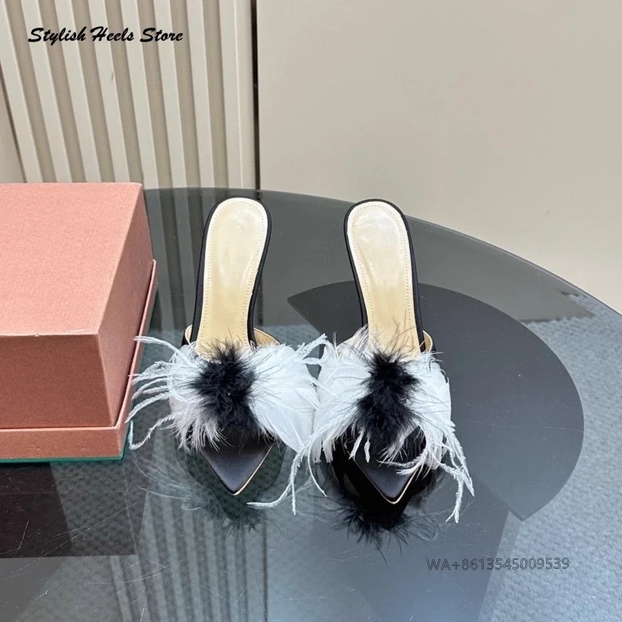 Stylish Feather Embellished Pull On Stilettos Women's Pointed Open Toe Thin Heels Slippers Luxury Elegant Modern High Heels