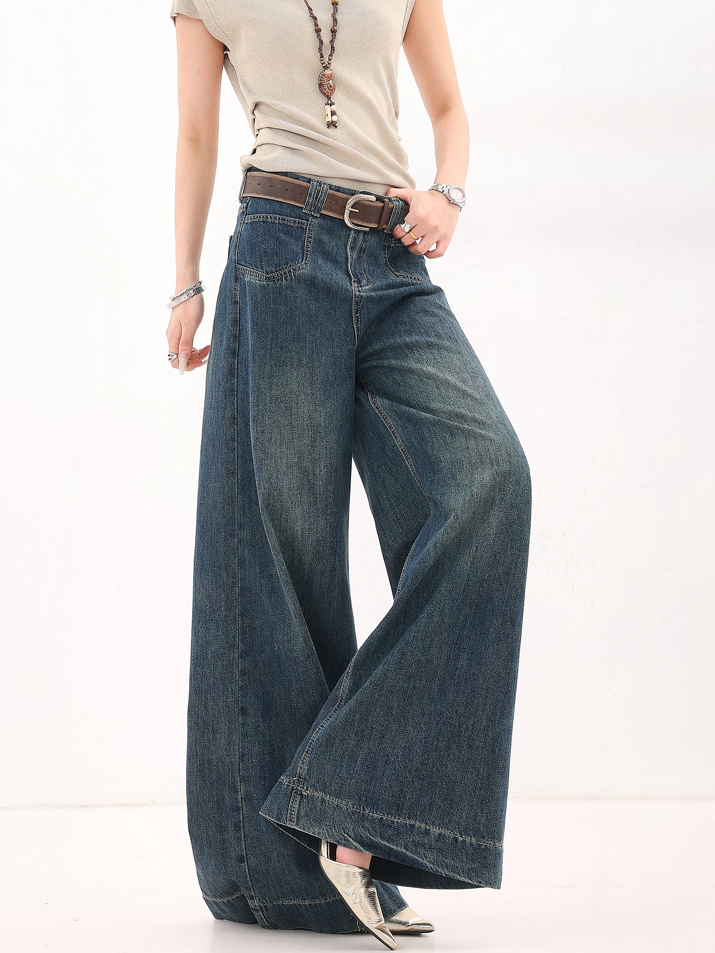 

Waed Vintage Wide Leg Bell Bot Jeans Women's High Street Faion Loose Floor Length Trousers Casual Retro Sle